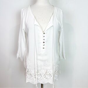 ANDREE BLUE OFF-WHITE EYELET HEM LONG SLEEVE TIE NECKLINE BOHO BLOUSE SZ LARGE